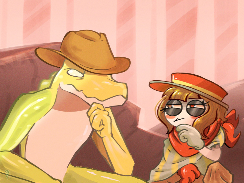 1boy, 1girl, alternate_costume, alternate_eye_color, alternate_hair_color, asymmetrical_gloves, bandana, brown_hair, cowboy, gloves, gummigoo, hat, highres, huixhuix, learning_to_be_spider-man_(meme), marvel, meme, pomni_(the_amazing_digital_circus), red_bandana, red_eyes, red_gloves, scene_reference, short_hair, sombrero, spider-man:_into_the_spider-verse, spider-man_(series), spider-verse, the_amazing_digital_circus