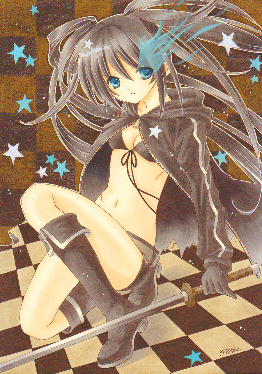 asapon, bikini_top, black_hair, black_rock_shooter, black_rock_shooter_(character), blue_eyes, boots, checkered