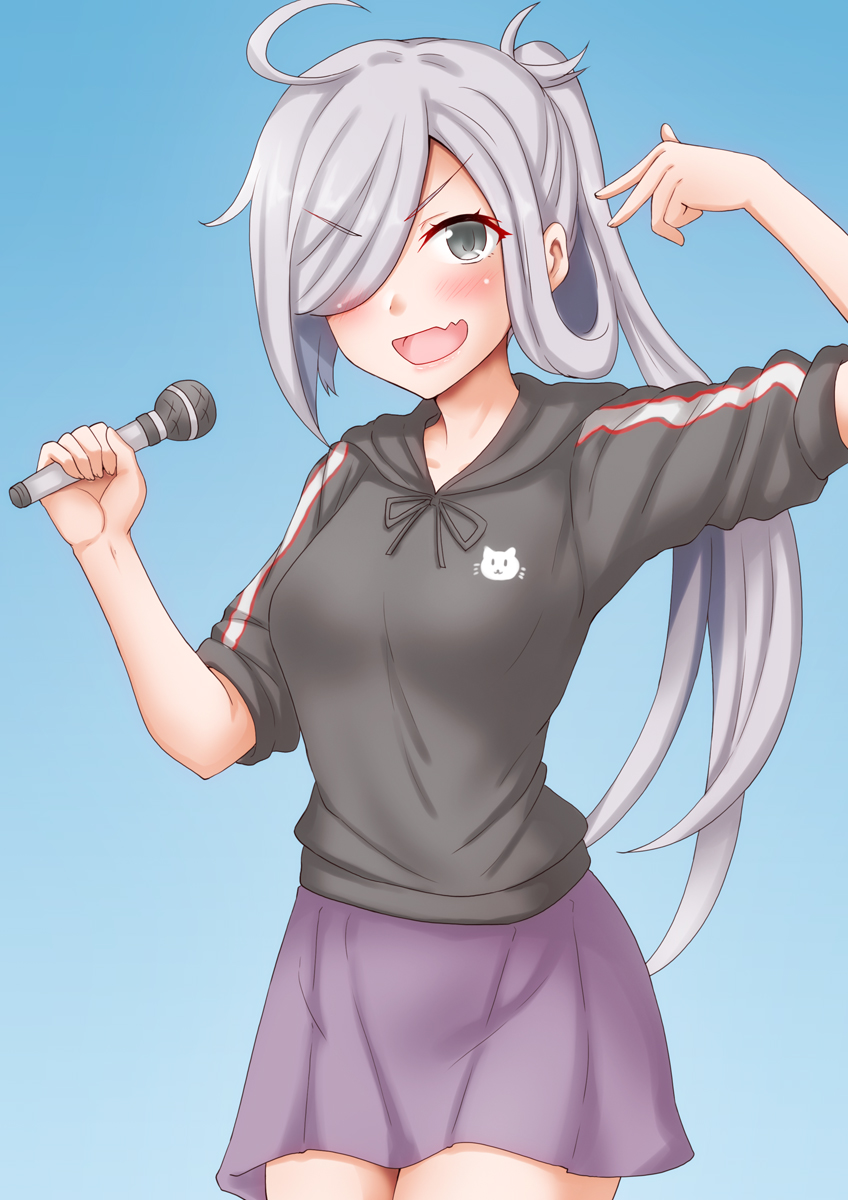 1girl, ahoge, akebono_(kancolle), akebono_(kancolle)_(cosplay), akebono_(round_one_mode)_(kancolle), anti_(untea9), asashimo_(kancolle), black_sweater, blue_background, commentary_request, cosplay, cowboy_shot, gradient_background, grey_eyes, grey_hair, hair_over_one_eye, highres, hood, hooded_sweater, kantai_collection, looking_at_viewer, pleated_skirt, ponytail, purple_skirt, sharp_teeth, skirt, solo, sweater, teeth, v