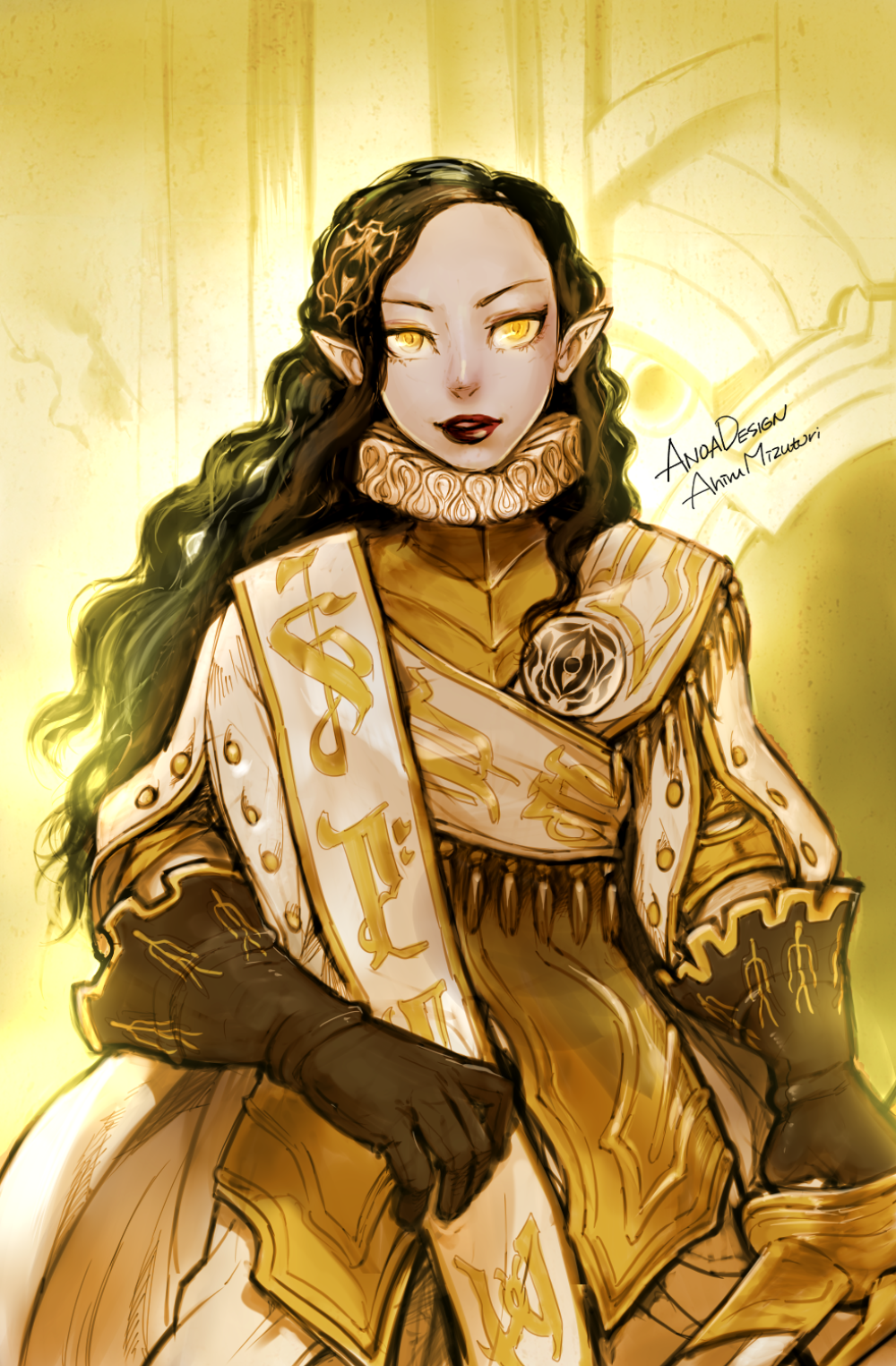1girl, anoadesign, armor, artist_name, black_gloves, black_hair, body_armor, commentary_request