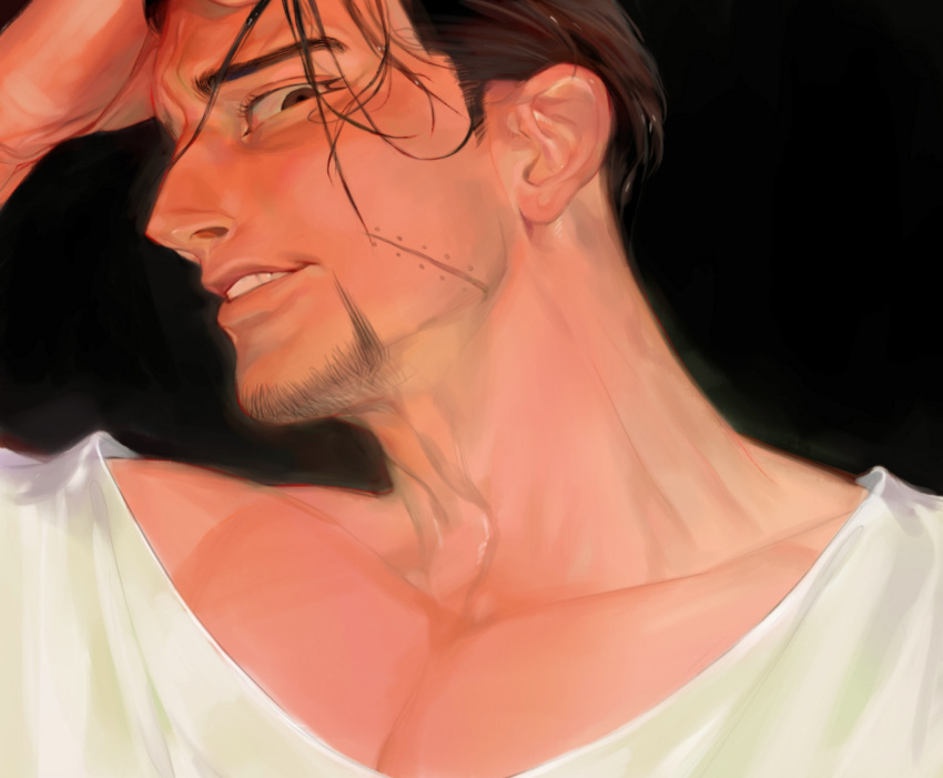 1boy, adam's_apple, black_eyes, black_hair, facial_hair, golden_kamuy, hair_slicked_back, hand_in_own_hair, highres, kajibaji, looking_at_viewer, male_focus, neck_focus, ogata_hyakunosuke, pectoral_cleavage, pectorals, portrait, profile, scar, scar_on_cheek, scar_on_face, short_hair, sideburns_stubble, sideways_glance, solo, stubble, turning_head, undercut