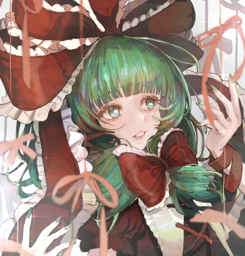 1girl, bow, commission, dress, fingernails, frilled_bow, frilled_ribbon, frills