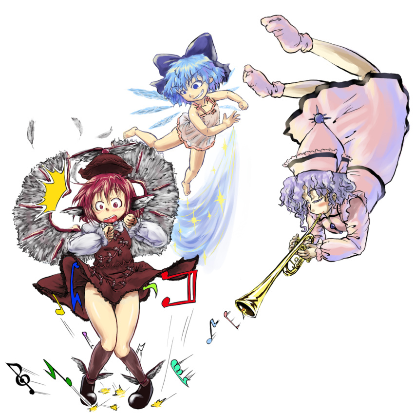 animal_ears, bad_id, barefoot, chemise, cirno, dress, dress_lift, feet, flying, highres, instrument, merlin_prismriver, mimidori, multiple_girls, musical_note, mystia_lorelei, no_panties, pixiv_manga_sample, skirt, skirt_lift, surprised, touhou, trumpet, wings