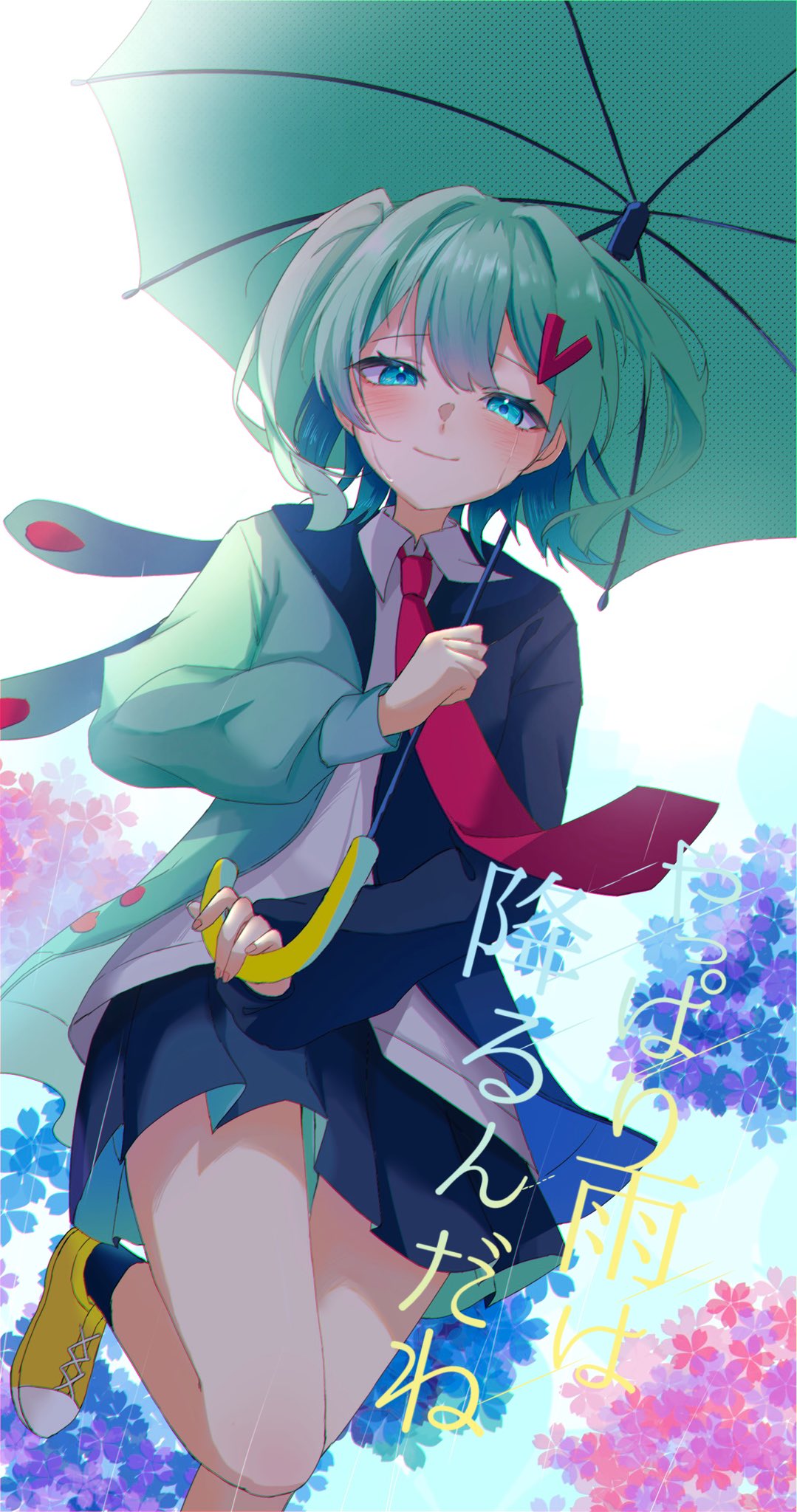 1girl, ankle_socks, aqua_hair, aqua_jacket, aqua_umbrella, black_jacket, black_skirt, black_socks