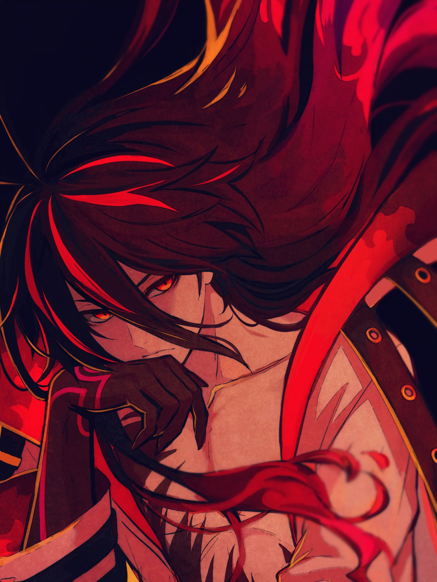 1boy, black_hair, black_skin, colored_skin, fingernails, highres, kuon_(under_night_in-birth), long_hair