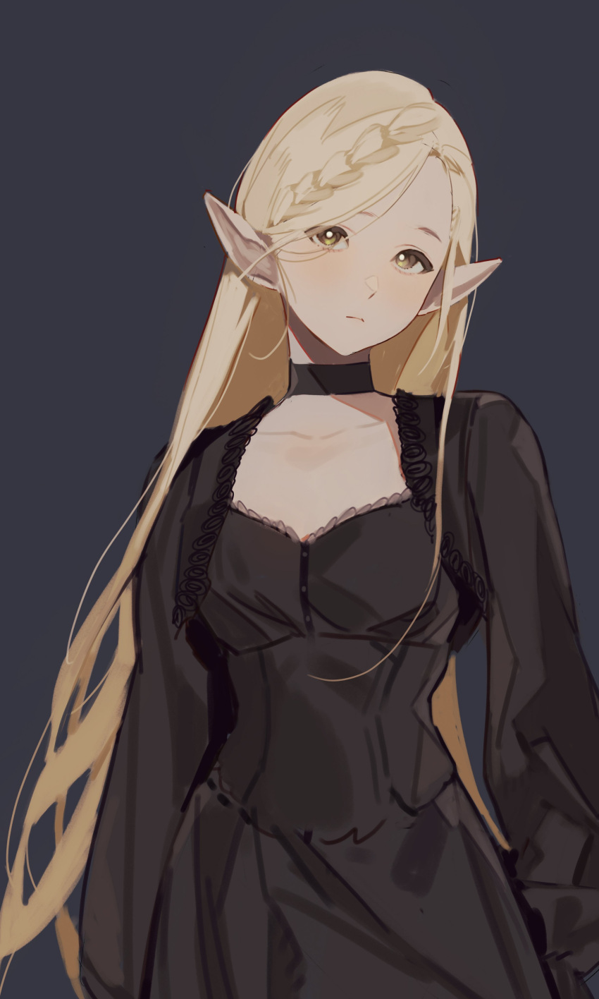 1girl, absurdres, black_choker, black_dress, blonde_hair, braid, choker, closed_mouth
