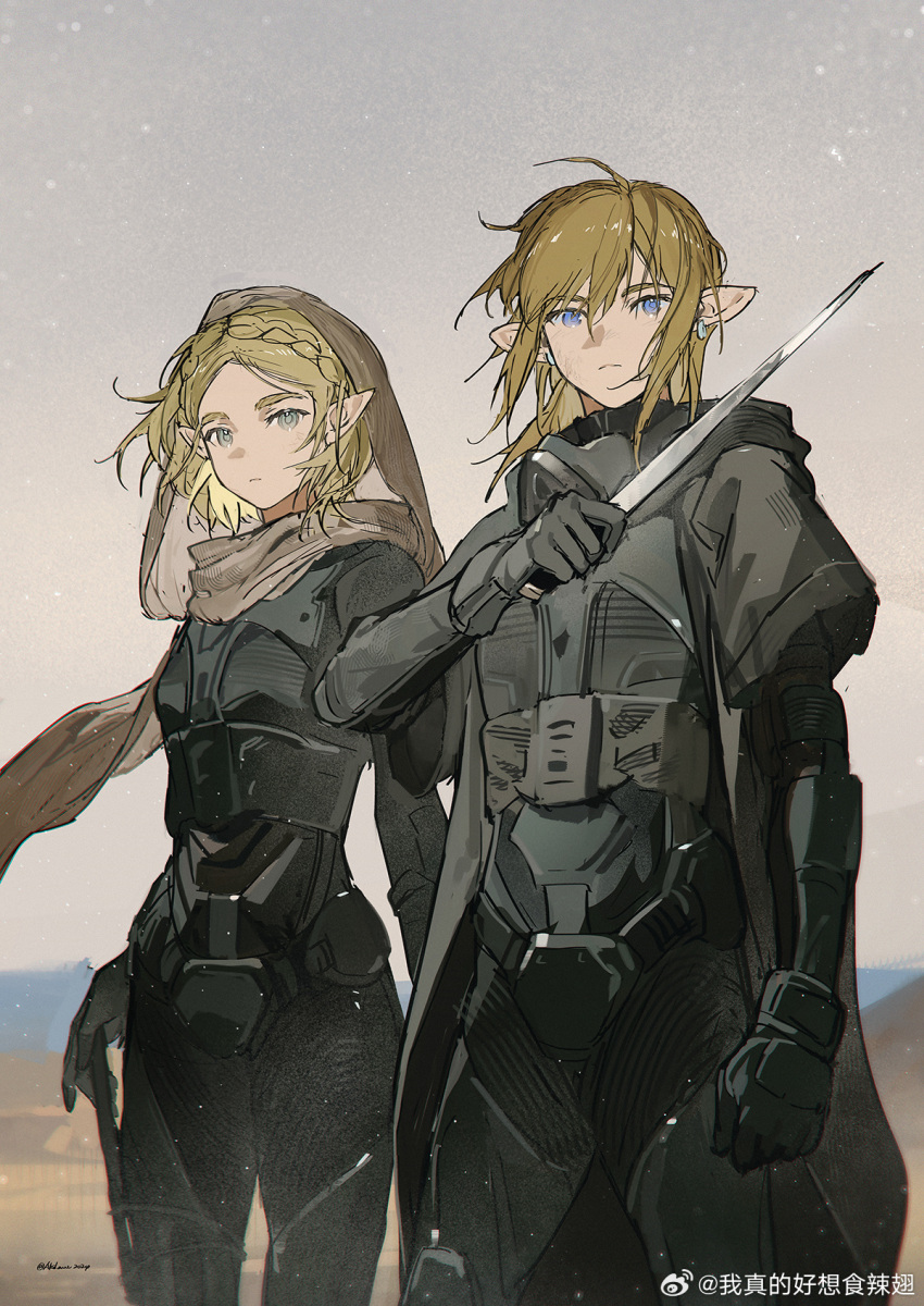 1boy, 1girl, akihare, black_bodysuit, black_gloves, blue_eyes, bodysuit, braid