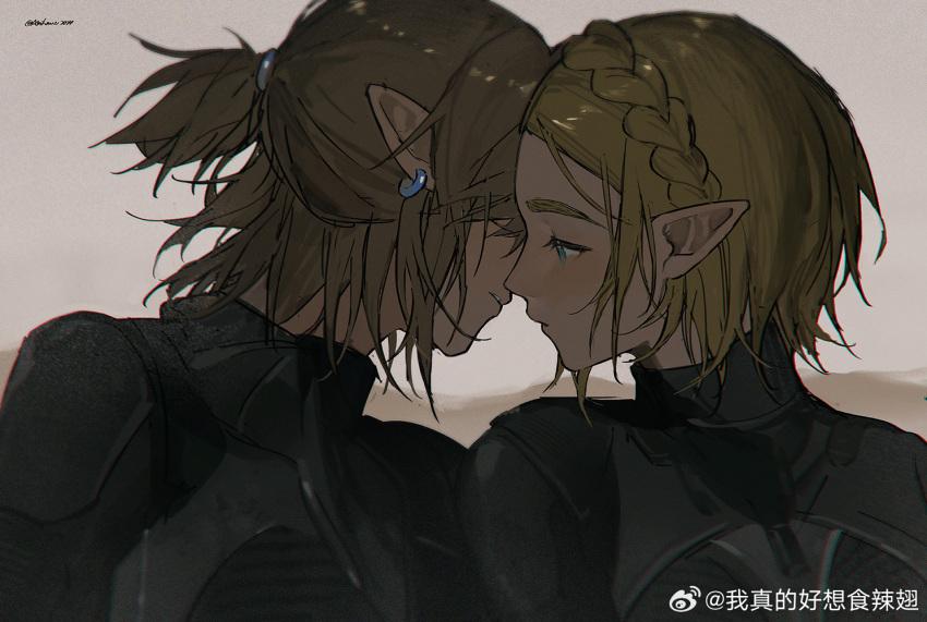 1boy, 1girl, akihare, black_bodysuit, blonde_hair, bodysuit, braid, chani
