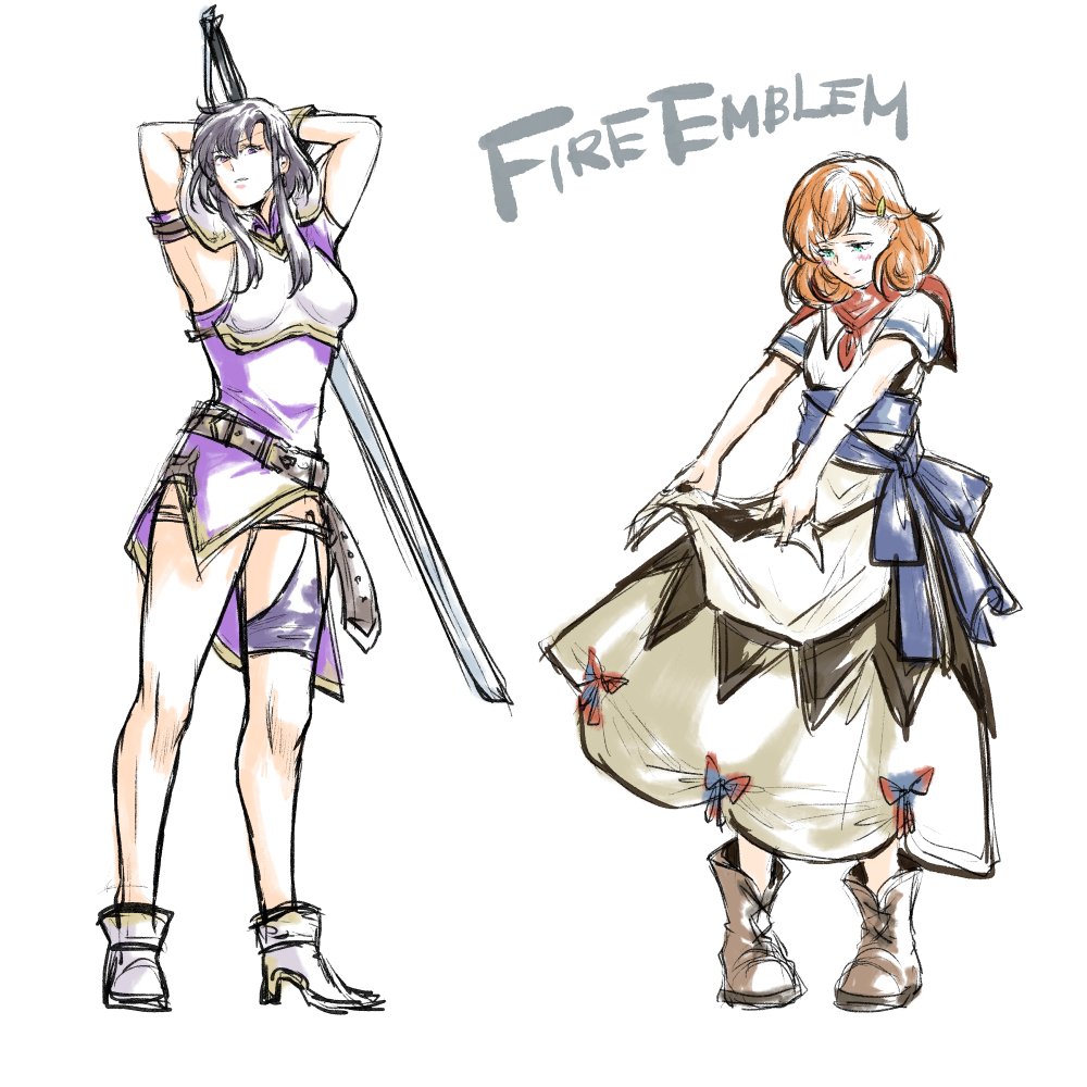 2girls, apron, armor, belt, black_hair, blush, boots, breastplate, dress, fire_emblem, fire_emblem:_genealogy_of_the_holy_war, garter_belt, gloves, high_heels, himmeldavenport, holding, holding_sword, holding_weapon, lana_(fire_emblem), larcei_(fire_emblem), multiple_girls, orange_hair, purple_tunic, shoulder_armor, sidelocks, smile, sword, tomboy, tunic, weapon, white_background