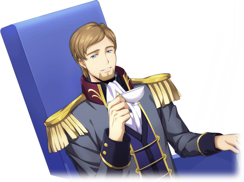 1boy, artist_request, ascot, beard, blue_eyes, blue_vest, brown_hair, code_geass