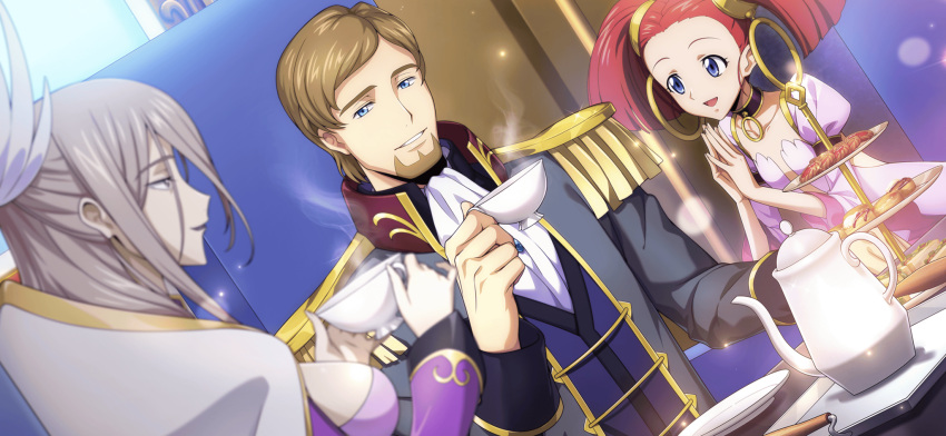 1boy, 2girls, artist_request, ascot, beard, black_choker, blue_eyes, blue_vest