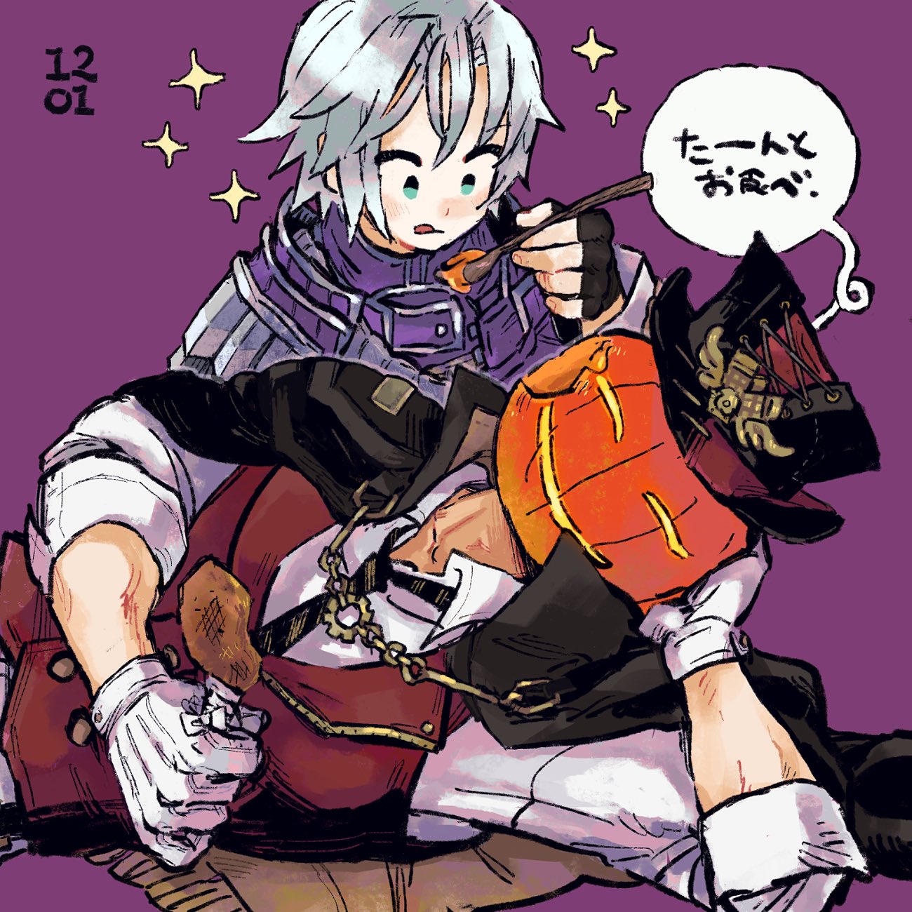2boys, aqua_eyes, black_cloak, black_gloves, black_hat, black_necktie, cloak, cosplay, final_fantasy, final_fantasy_ix, final_fantasy_vii, final_fantasy_vii_ever_crisis, fingerless_gloves, glenn_lodbrok, glenn_lodbrok_(pumpkinmare), gloves, grey_hair, hat, head_on_hand, highres, holding, holding_spoon, jack-o'-lantern, jack-o'-lantern_head, kuja, kuja_(cosplay), lying, male_focus, multiple_boys, necktie, nobu_(25mark), official_alternate_costume, on_side, parted_bangs, pumpkin_head, purple_background, red_vest, sephiroth, sephiroth_(kuja's_attire), shirt, short_hair, sleeves_rolled_up, sparkle, spoon, tongue, tongue_out, upper_body, vest, white_gloves, white_shirt