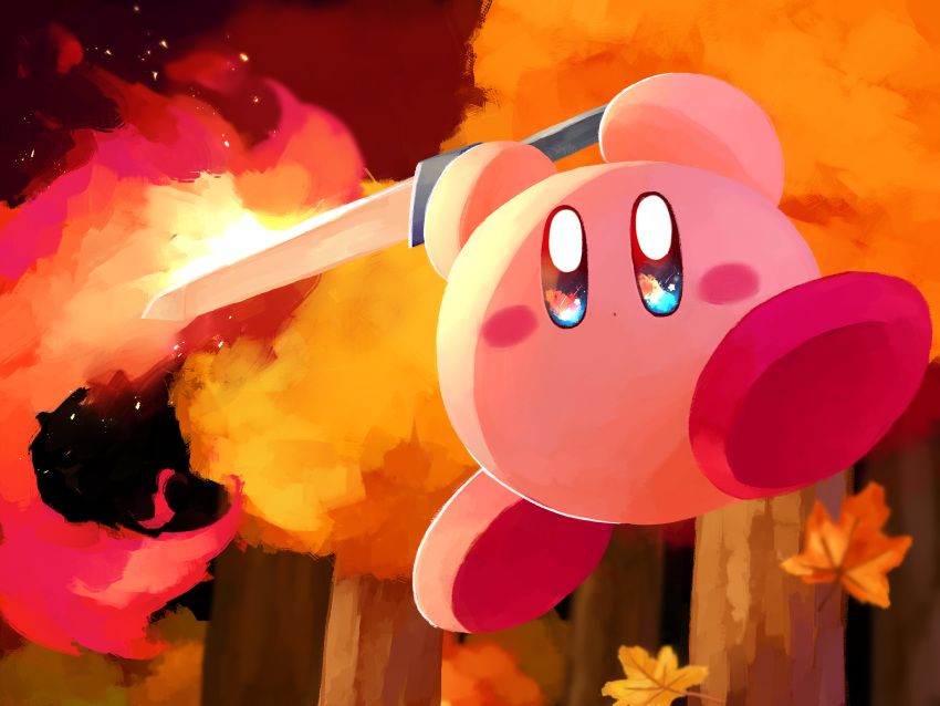 absurdres, blush_stickers, colored_skin, deleca7755, fire, flaming_sword, flaming_weapon, forest, highres, holding, holding_sword, holding_weapon, kirby, kirby_(series), kirby_64, leaf, looking_at_viewer, maple_leaf, nature, no_humans, pink_skin, power_combo_(kirby), solid_oval_eyes, sword, tree, weapon