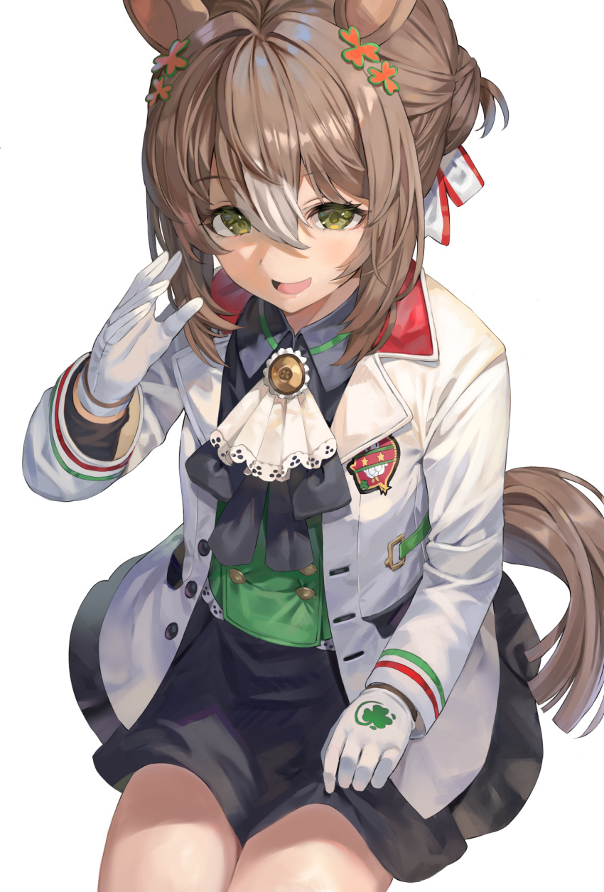 1girl, animal_ears, ascot, black_shirt, black_skirt, brown_hair, clover_hair_ornament, collared_shirt