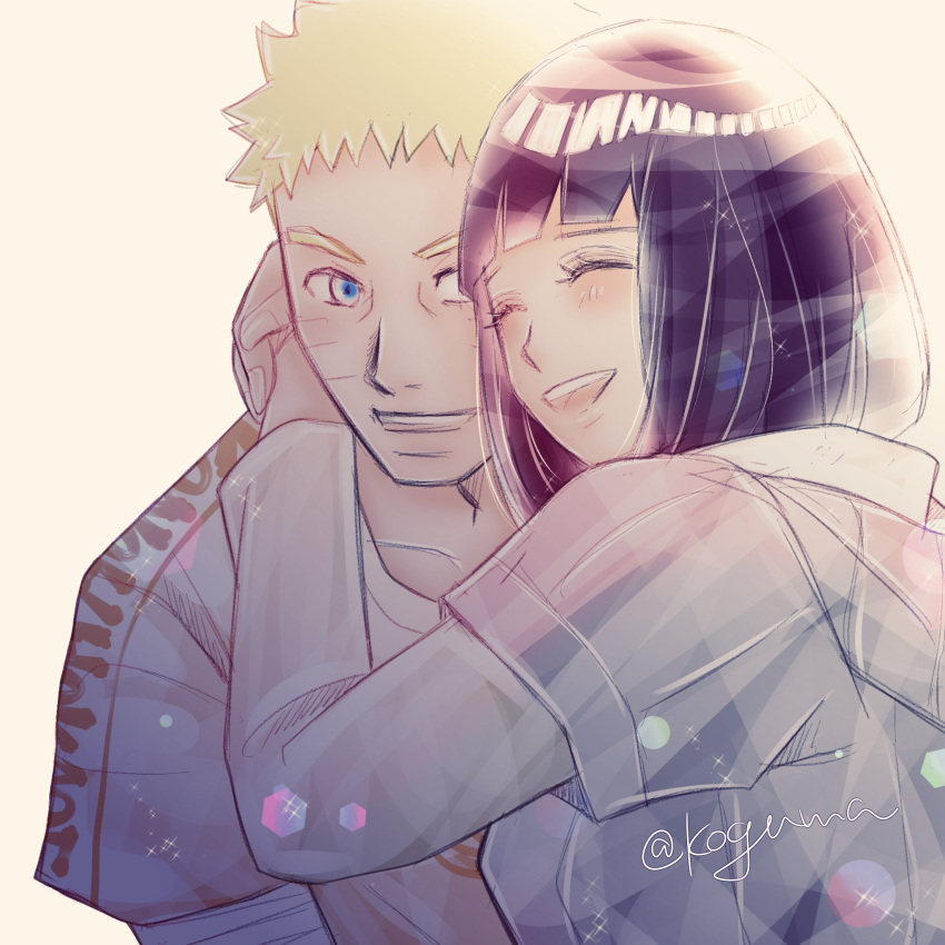 1boy, 1girl, bandaged_arm, bandages, black_hair, blonde_hair, blue_eyes, boruto:_naruto_next_generations, closed_eyes, collarbone, couple, facial_mark, hetero, highres, hood, hooded_jacket, hyuuga_hinata, jacket, koguma_05, medium_hair, naruto_(series), purple_jacket, shirt, short_hair, simple_background, smile, spiky_hair, uzumaki_naruto, whisker_markings, white_background, white_shirt