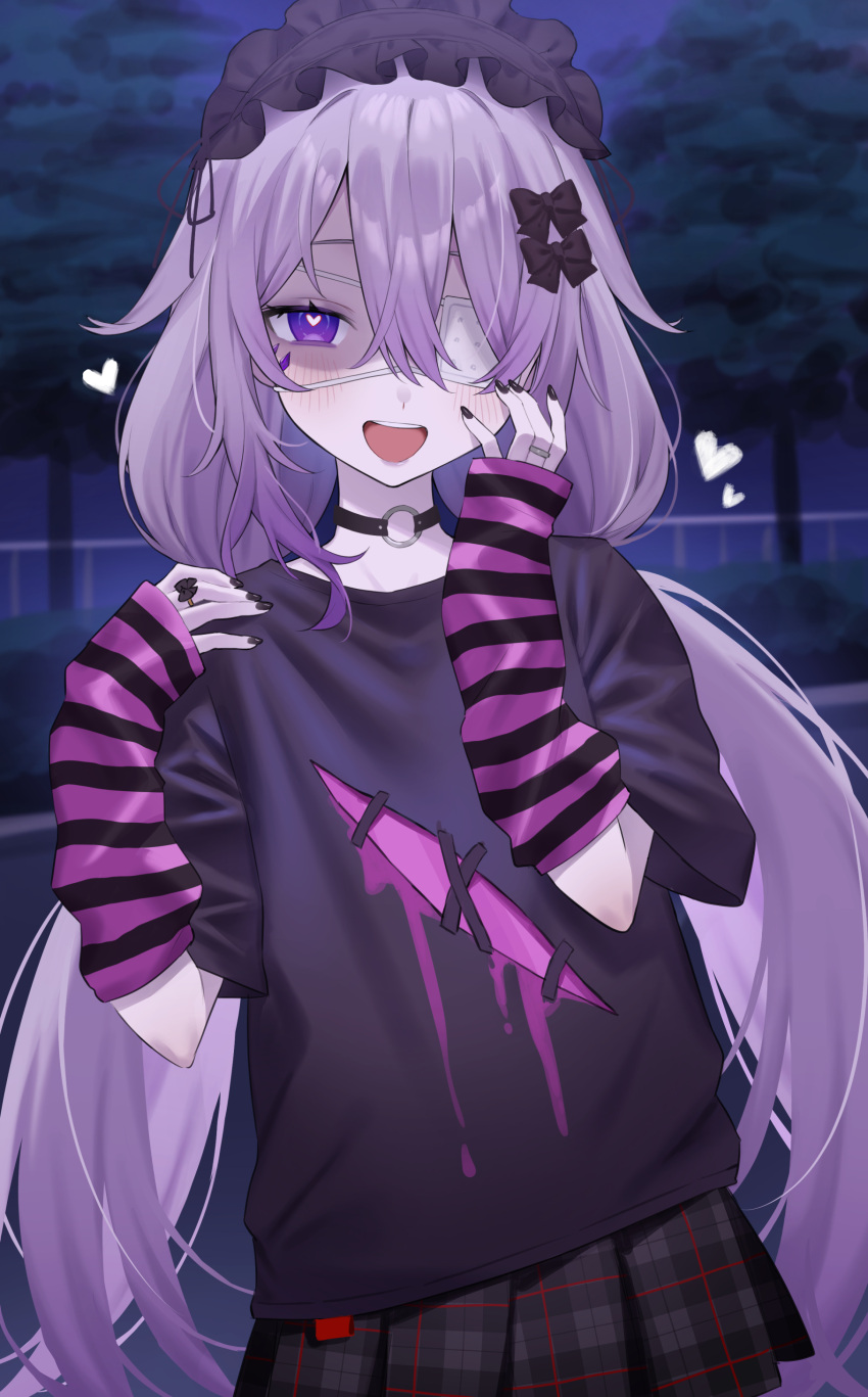 1girl, absurdres, aotake_iro, bell, black_arm_warmers, black_choker, black_nails, black_shirt, black_skirt, blush, choker, emo_fashion, eyepatch, fingernails, grey_hair, hair_between_eyes, heart, heart-shaped_pupils, highres, hololive, hololive_english, koseki_bijou, long_hair, looking_at_viewer, medical_eyepatch, neck_bell, night, o-ring, o-ring_choker, outdoors, park, plaid, plaid_skirt, pleated_skirt, shirt, short_sleeves, skirt, solo, striped_arm_warmers, symbol-shaped_pupils, tree, twintails, very_long_hair, violet_eyes, virtual_youtuber, white_arm_warmers, yandere, yandere_trance