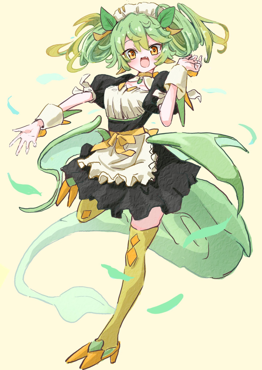 1girl, dragon_girl, dragon_tail, dragon_wings, duel_monster, fang, full_body, green_hair, green_tail, green_thighhighs, green_wings, highres, jigenshin, long_hair, looking_at_viewer, low_wings, maid, maid_headdress, no_nose, parlor_dragonmaid, solo, tail, thigh-highs, twintails, wings, wrist_cuffs, yellow_eyes, yu-gi-oh!