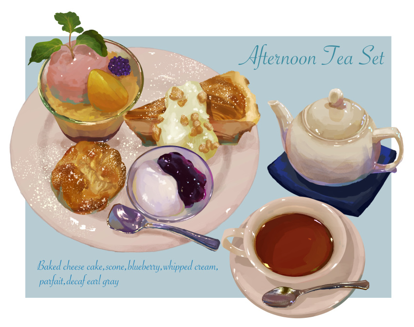 berry, blueberry, butayaro1, cake, cake_slice, cheesecake, cup, drinking_glass, food, food_focus, fruit, highres, no_humans, original, parfait, pastry, plate, saucer, scone, spoon, tea, teacup, teapot, whipped_cream