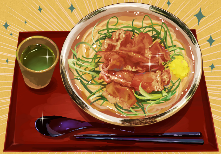 bowl, butayaro1, chopsticks, cup, drink, food, food_focus, highres, meat, no_humans, noodles, original, ramen, sparkle, spoon, tray