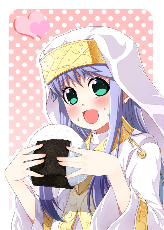 blush, food, food_on_face, green_eyes, index, kouji_(campus_life), long_hair, onigiri