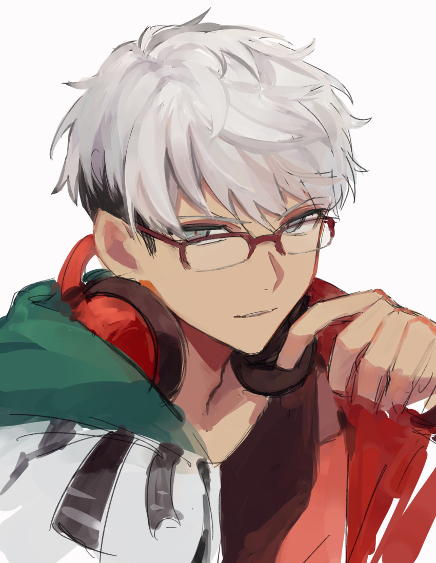 1boy, absurdres, arurandeisu, black_hair, black_shirt, commentary, glasses, green_eyes