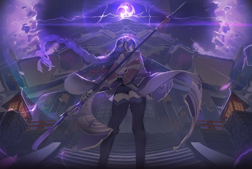 1girl, architecture, back_bow, bow, braid, east_asian_architecture, electricity, engulfing_lightning_(genshin_impact), genshin_impact, ggymj, glowing, glowing_eyes, highres, holding, holding_polearm, holding_weapon, inazuma_city, japanese_clothes, kimono, korean_commentary, long_braid, long_hair, looking_at_viewer, mitsudomoe_(shape), naginata, polearm, purple_kimono, raiden_shogun, shorts, single_braid, solo, stairs, thigh-highs, tomoe_(symbol), weapon, wide_shot, wide_sleeves