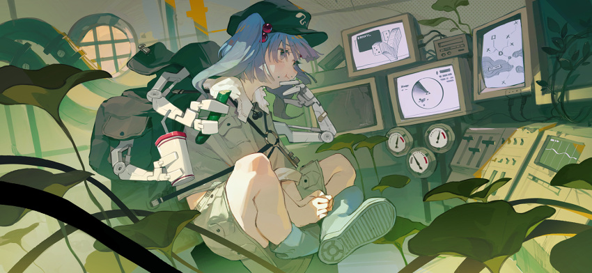 1girl, aamond, backpack, bag, black_bag, blue_eyes, blue_footwear, blue_hair