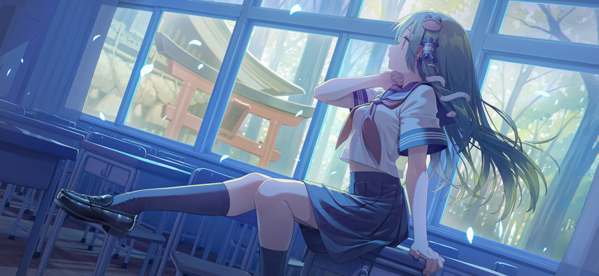 1girl, architecture, arm_support, black_footwear, blue_sailor_collar, chair, desk, east_asian_architecture