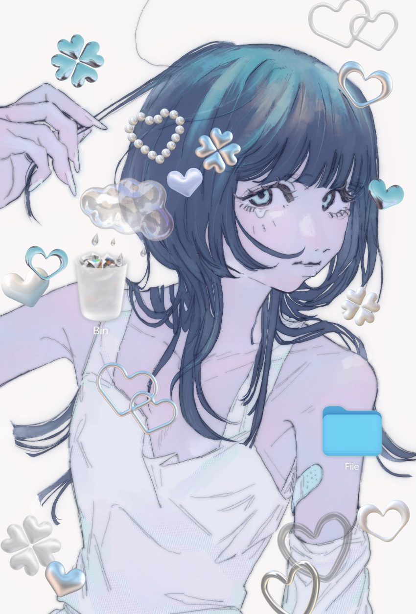 1girl, absurdres, bandaid, bandaid_on_arm, bare_shoulders, black_hair, blue_eyes, clover