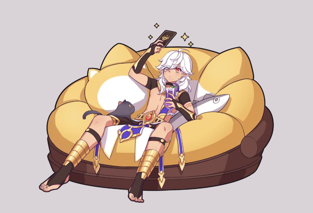 1boy, ahoge, arm_up, belt, black_cat, black_choker, black_gloves, black_shirt, black_shorts, card, cat, cat-shaped_pillow, chair, choker, closed_mouth, commentary_request, crop_top, cup, cyno_(genshin_impact), dark-skinned_male, dark_skin, drink, egyptian_clothes, expressionless, eyes_visible_through_hair, feet, fingerless_gloves, fish-shaped_pillow, food, fruit, genshin_impact, gloves, gold_trim, grey_background, hair_over_one_eye, hand_up, holding, holding_card, holding_cup, ice, ice_cube, long_hair, male_focus, papasan_chair, parted_bangs, pelvic_curtain, pillow, playing_card, red_eyes, shirt, short_sleeves, shorts, sidelocks, simple_background, sitting, solo, sparkle, swept_bangs, toes, usekh_collar, white_hair, wolfhook_juice_(genshin_impact), yonaka_(yonaka221)