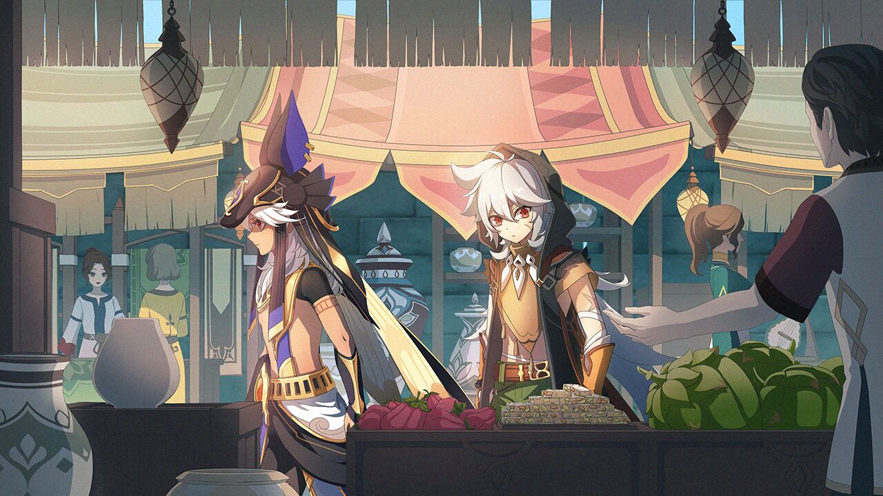3boys, 3girls, ajilenakh_nut_(genshin_impact), animal_ears, animal_hat, antenna_hair, bandaged_arm, bandages