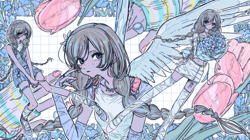 1girl, absurdres, belt, blue_belt, blue_dress, blue_eyes, blue_flower, blue_gloves