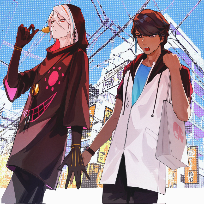 2boys, arjuna_(fate), bag, black_eyes, black_hair, blue_eyes, blue_sky, blush