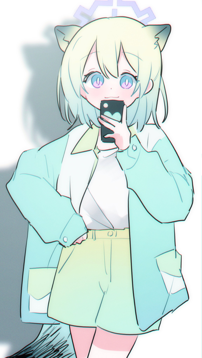 1girl, absurdres, animal_ears, blue_archive, blue_halo, cellphone, commentary, dot_nose