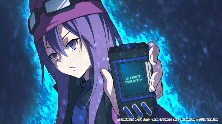 1girl, absurdres, artist_name, aura, black_jacket, blue_shirt, character_name, commission