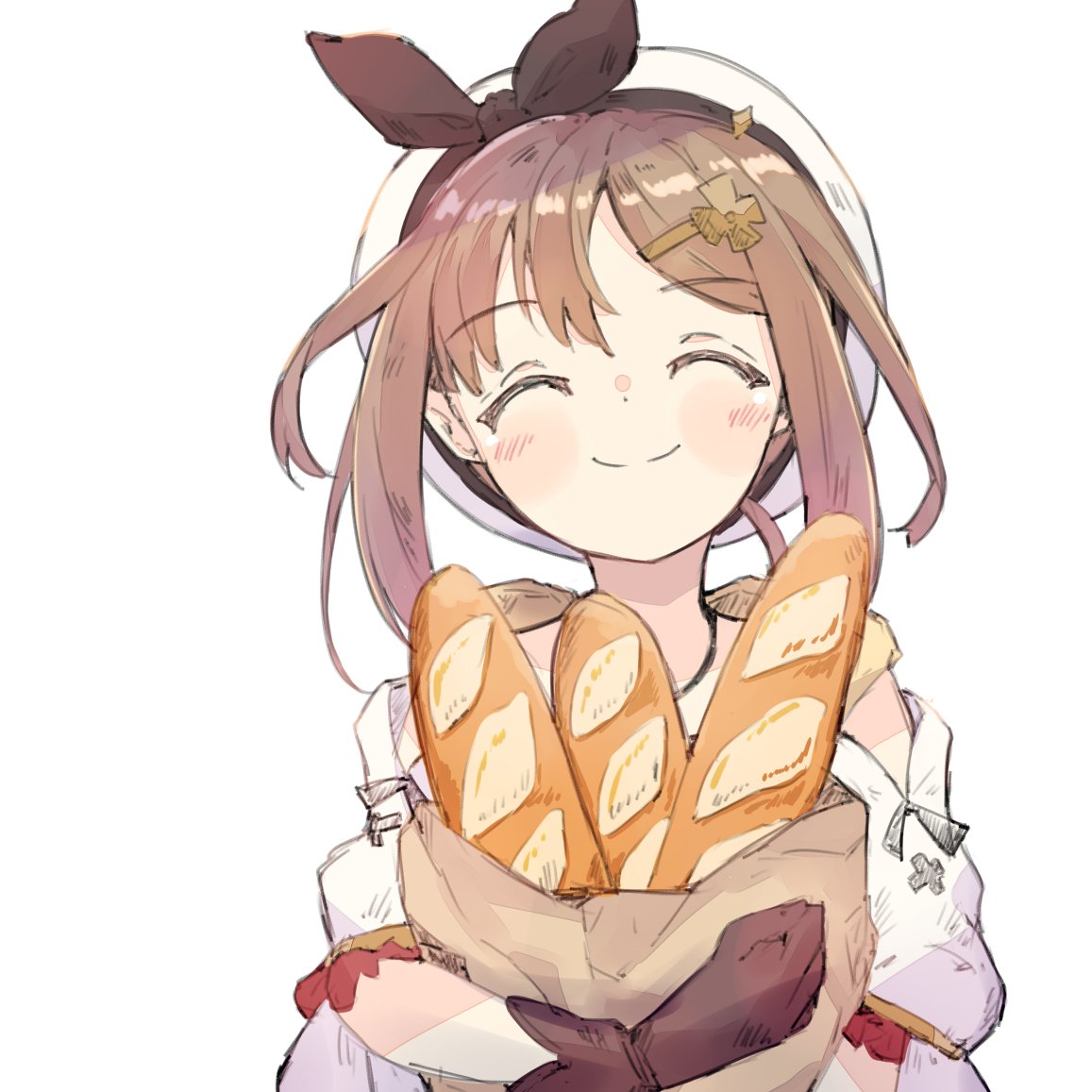 1girl, atelier_(series), atelier_ryza, atelier_ryza_1, bag, baguette, beret, bread