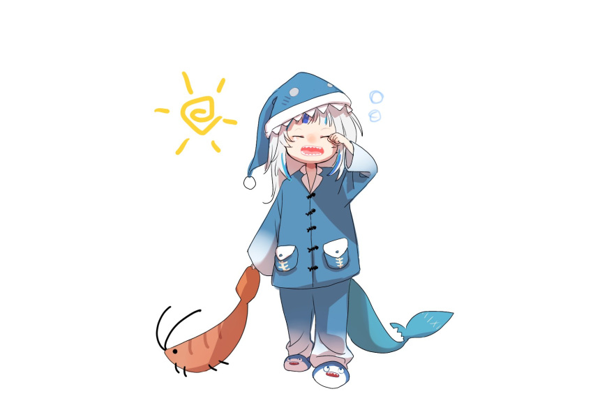 1girl, animal_print, bloop_(gawr_gura), blue_hair, blue_pajamas, closed_eyes, fins, fish_print