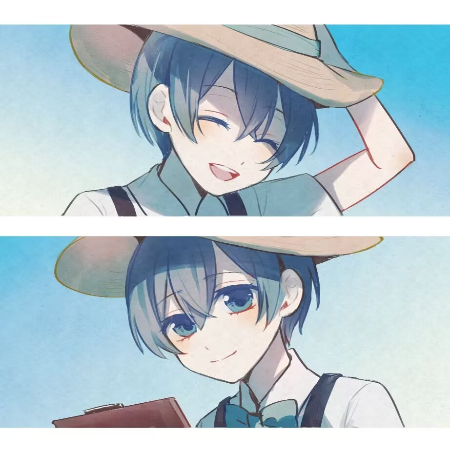 1boy, aged_down, alternate_costume, bishounen, blue_background, blue_bow, blue_eyes, blue_hair