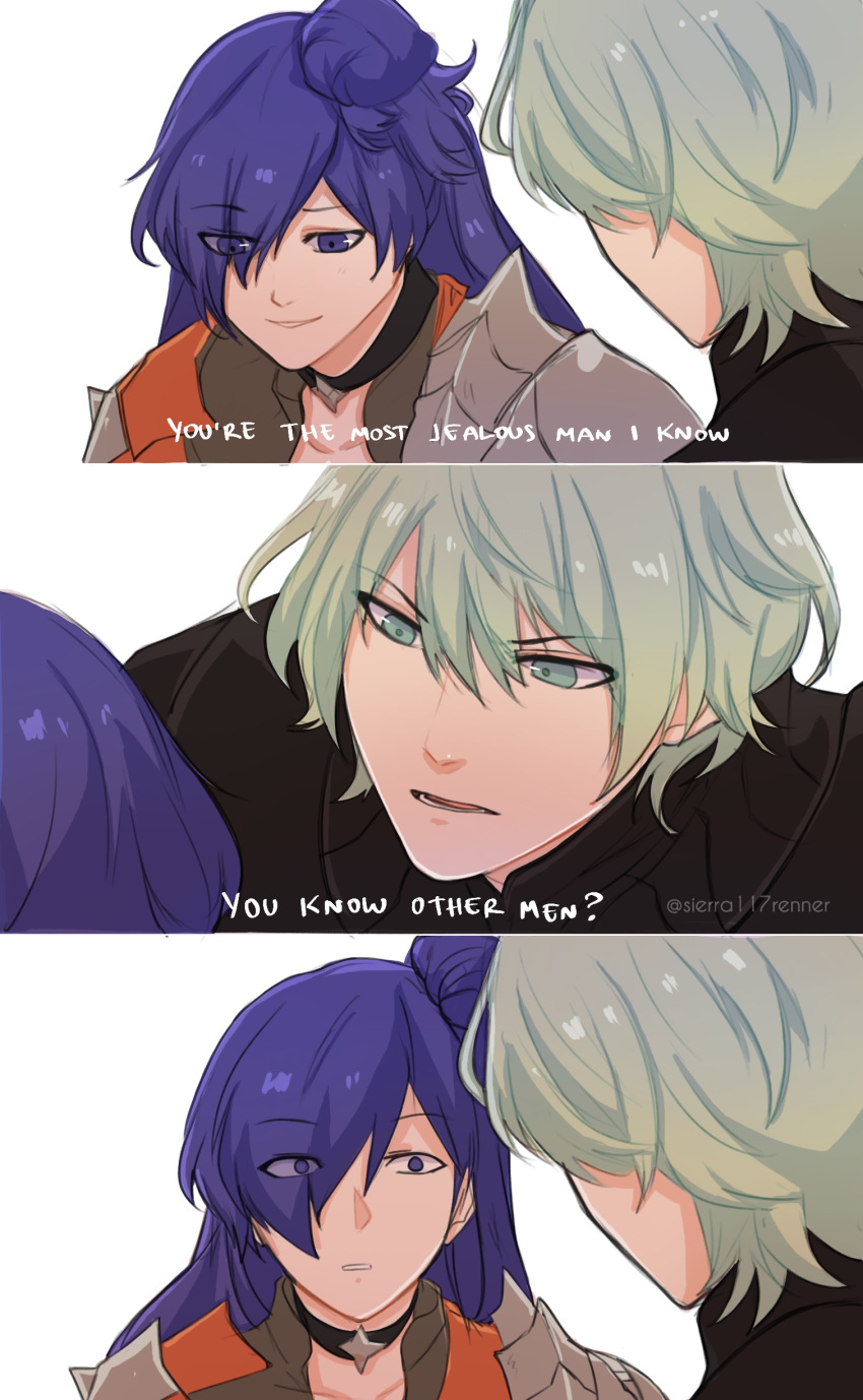 1boy, 1girl, absurdres, armor, asymmetrical_clothes, byleth_(fire_emblem), byleth_(male)_(fire_emblem), choker, fire_emblem, fire_emblem:_three_houses, fire_emblem_warriors:_three_hopes, green_hair, hair_bun, hair_over_one_eye, highres, purple_hair, shez_(female)_(fire_emblem), shez_(female)_(summer)_(fire_emblem), shez_(fire_emblem), sierra117renner, single_hair_bun, violet_eyes