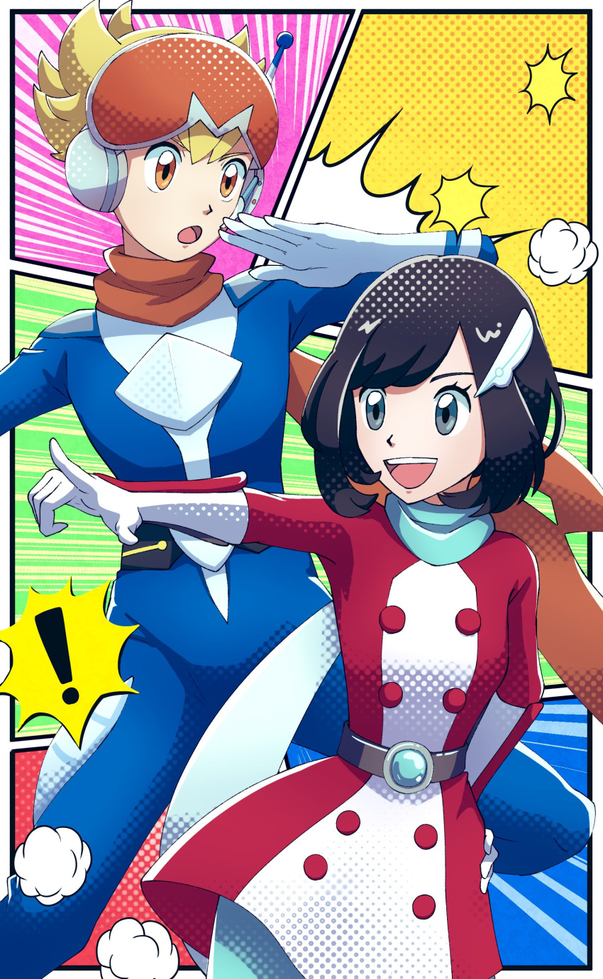 !, 1boy, 1girl, absurdres, akitu_ma_ru, barry_(pokemon), barry_(special_costume)_(pokemon), belt