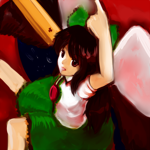 arm_cannon, bad_id, bow, lowres, nishimasa_hito, reiuji_utsuho, solo, touhou