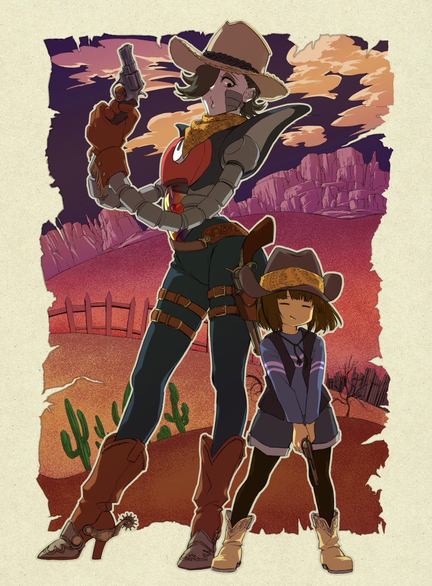 1boy, 1other, absurdres, androgynous, android, bandana, black_leggings, boots
