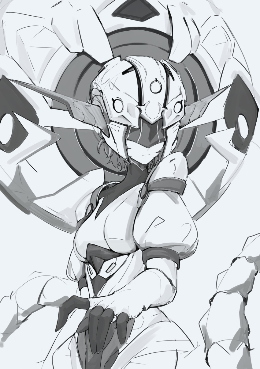 1girl, absurdres, alchemy_stars, assault_visor, breasts, clip_studio_paint_(medium), closed_mouth, cyborg, dress, expressionless, from_side, greyscale, helmet, highres, kenney_q11, mechanical_tentacles, medium_breasts, monochrome, no._33_(alchemy_stars), puffy_sleeves, robot_girl, short_hair, simple_background, solo, upper_body, white_background