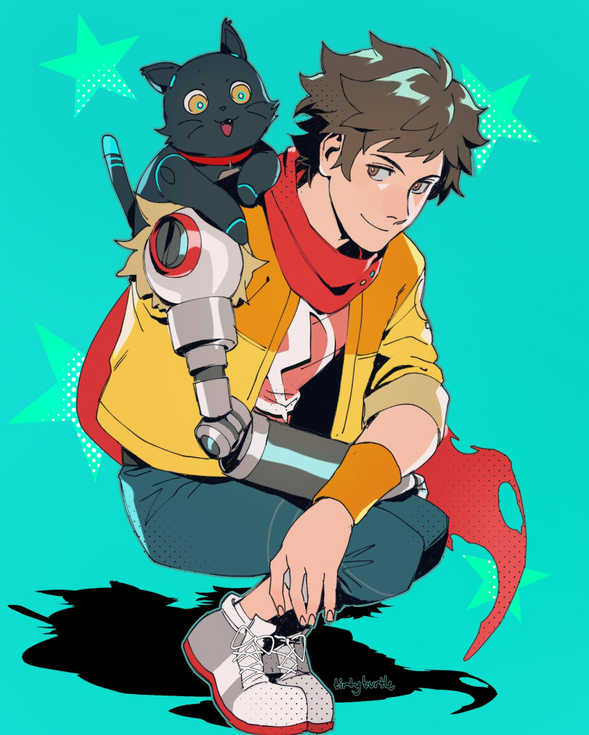 1boy, 808_(hi-fi_rush), cat, chai_(hi-fi_rush), denim, denim_jacket, hi-fi_rush, highres
