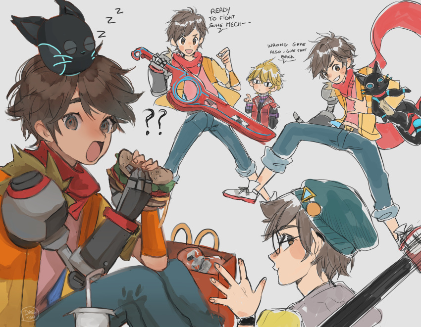 2boys, absurdres, blonde_hair, blush, chai_(hi-fi_rush), dadeltan, food, hi-fi_rush