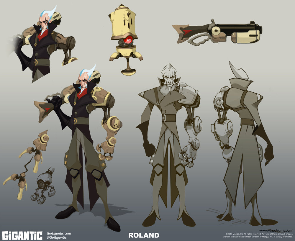 1boy, 1other, bola_(weapon), character_name, concept_art, copyright_notice, gigantic_(game), gun