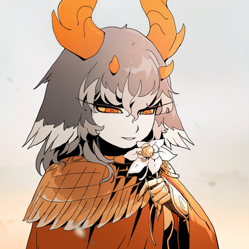 1girl, antlers, bright_pupils, cloak, colored_inner_hair, colored_sclera, colored_tips, cyany, english_commentary, flower, gauntlets, gradient_background, grey_background, grey_hair, grin, hair_between_eyes, hand_up, highres, holding, holding_flower, horns, imuthar_(cyany), long_hair, looking_at_object, monster_girl, multicolored_hair, multiple_horns, orange_cloak, orange_eyes, orange_horns, original, smile, solo, upper_body, white_flower, yellow_pupils, yellow_sclera