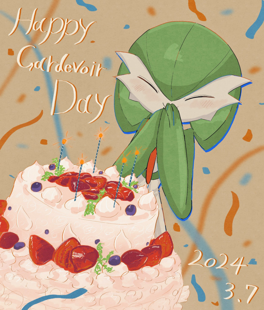 blueberry, bob_cut, cake, candle, closed_eyes, colored_skin, covering_own_mouth, food, fruit, gardevoir, gardevoir_day, green_hair, gyura, highres, multicolored_skin, pokemon, pokemon_(creature), smile, strawberry, two-tone_skin, white_skin