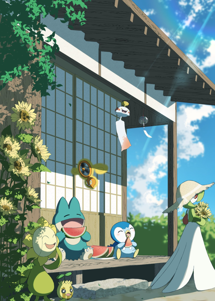 blue_fur, blue_sky, chimecho, closed_eyes, clouds, colored_skin, dress, eating