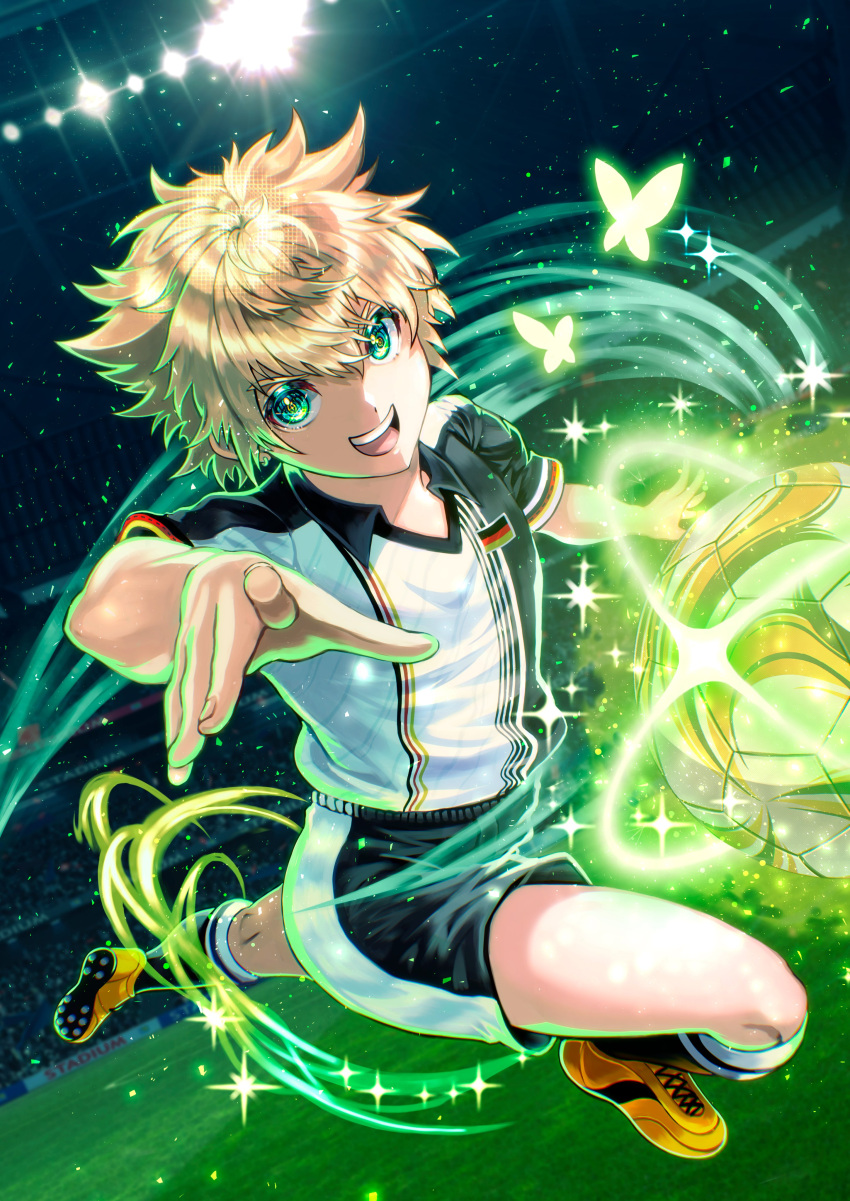 1boy, absurdres, aura, ayakari399, ball, black_shirt, black_shorts, blonde_hair
